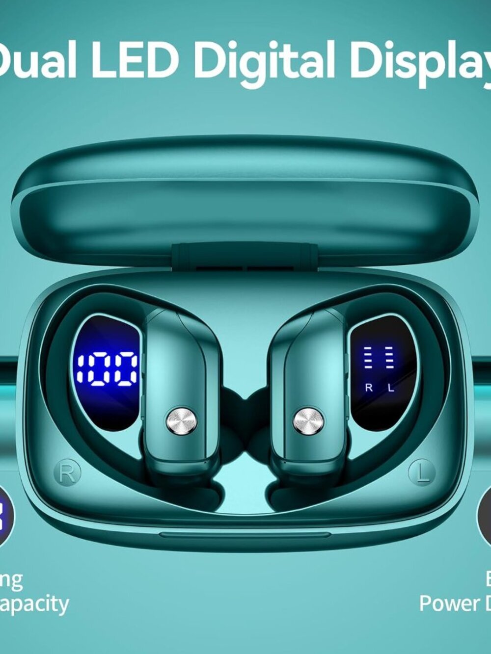 Green Wireless Earbuds Bluetooth LED Display Ear-hooks Built-in Mic Headset - Picture 3 of 6